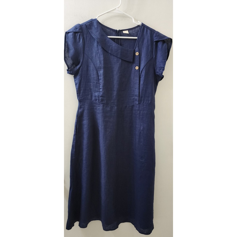 Lintico Navy Blue 100% Linen Asymmetric Collar Midi Dress with Pockets Size M